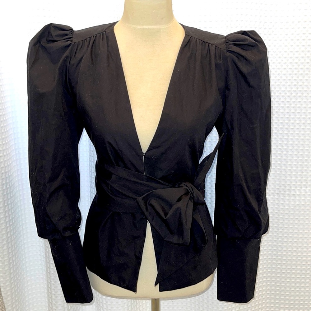 Deep v-neck puff long sleeve blouse w/ tie detail